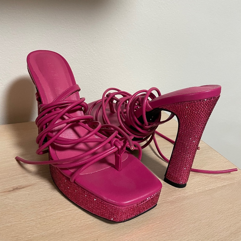 Pink platform glitter bedazzled strappy high heels